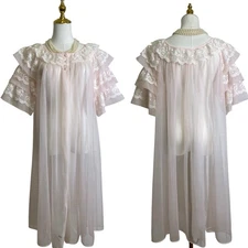 Vintage 50s Val Mode Pink Nylon Chiffon Lace Ruffle Sheer Peignoir Robe Size M