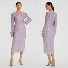 MAC DUGGAL Purple Sequin Illusion Puff Sleeve V Neck Midi Dress Size 2