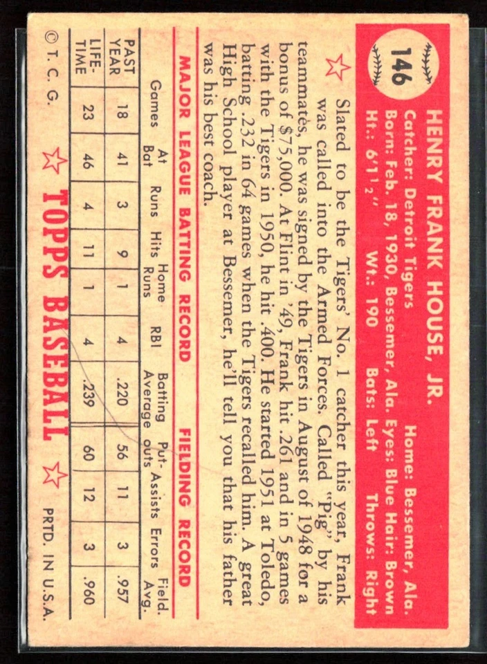Frank House 1952 Topps RC I #146 Detroit Tigers - Image 2 of 3