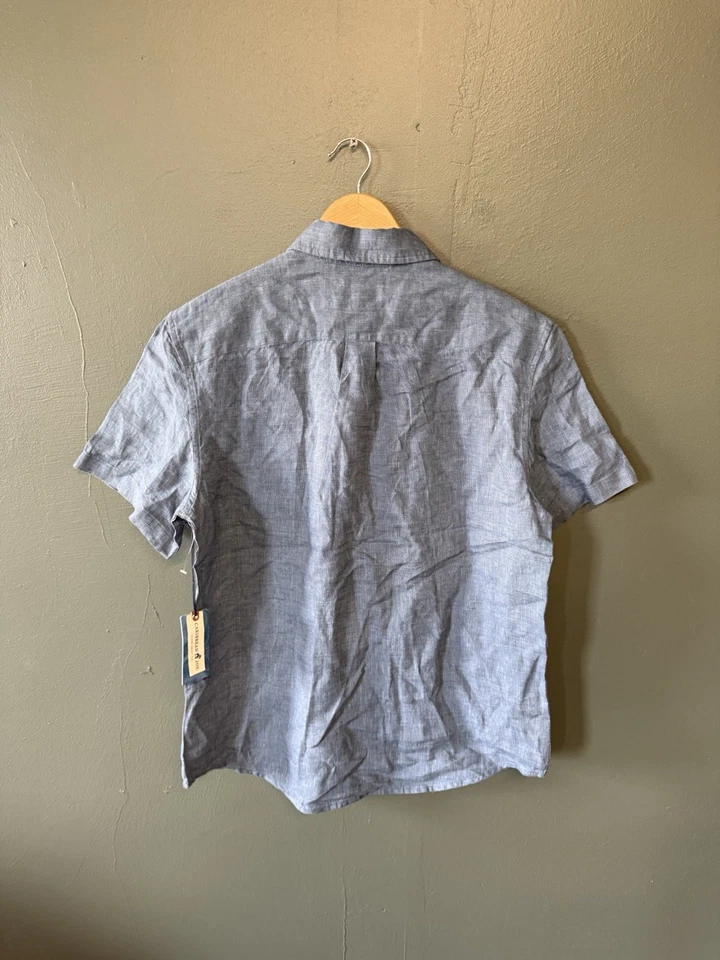 Caribbean Joe 男式蓝色短袖亚麻纽扣衬衫全新带标签,尺寸 M — 第 2/3 张图片