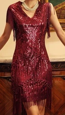 Roaring 20s Sequined Beaded Dress Wine Red Size Small
