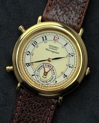 Vtg New 1989 SEIKO Chronograph Alarm Timer Men s 36mm Quartz Watch Gold Cream