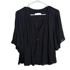 Loft Blouse Women's Small Black V-Neck Short Sleeve Button Up Boho Top Casual