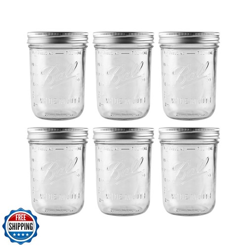 Ball - 16 Unzen Weite Öffnung Glas Einmachgläser | 6er Pack Gläser mit Luftdichten Deckeln | L