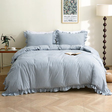 Light Blue Plaid Ruffle Duvet Cover Set, 100 Cotton, Queen Size 3 Pieces