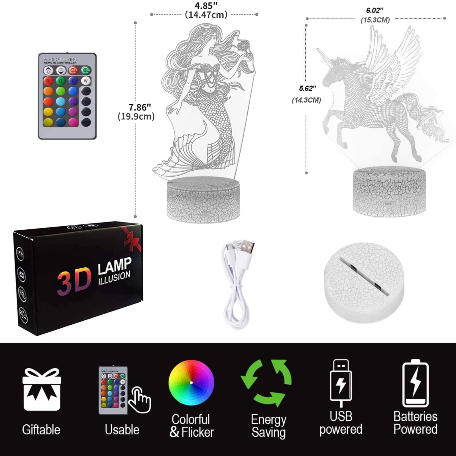 Veilleuse 3D à double motif interchangeable et 16 teintes lumineuses télécommandées - 2