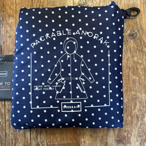 Shed Rain Packable Anorak Jacket Lightweight Travel Bitty Dot Navy Blue M/L Hood - Picture 2 of 11