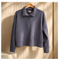 Blue Heavyweight Fleece Cotton Snap Collar Pullover Sweatshirt women  s