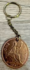 British 1961 One Penny Coin Keychain Key Ring Queen Elizabeth II Vintage UK