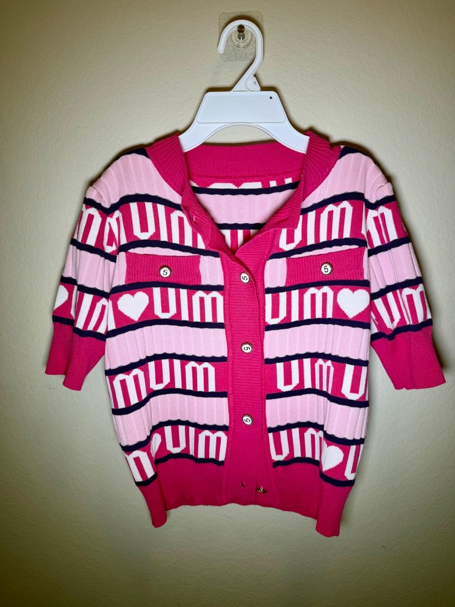 miu miu ストライプ ハート柄 カーディガン Miu Miu Pink Logo Heart Knit Cardigan Top Short Sleeve Women's