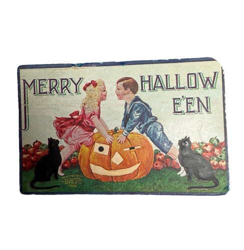 🧡 MERRY HALLOWEEN POSTCARD 🧡 BOY GIRL CHILDREN BLACK CAT JOL PUMPKIN POST CARD - Picture 2 of 9
