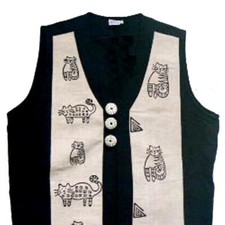 Whimsical Cats Long Cream & Black Vest  Venus Imports Kimono Ctf
