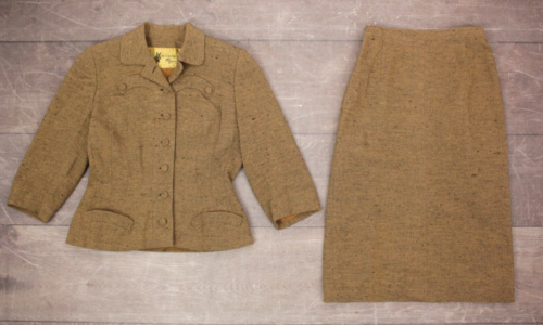 VTG Women's 50s 2 Pc Tan Wool Tweed Jacket & Skirt Set XS/S 1950s Dress Suit - Picture 6 of 24