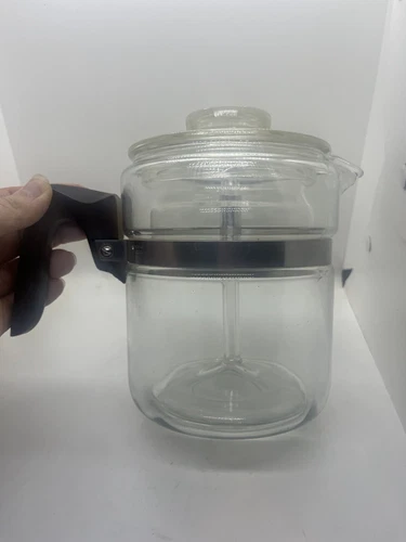 Vintage 4 Cup Pyrex Made In USA Glass Percolator With Bakelite Handle & Stem EUC