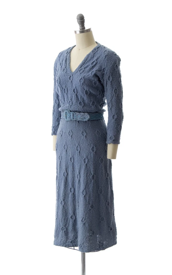 Vintage 1940s 1950s Sweater Dress 40s 50s Blue Knit Wool Belted Wiggle Dress - Image 3 of 4