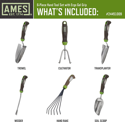 24451009 6-Pc. Ergo Gel Grip Garden Tool Set with Hand Trowel, Weeder, Rake, Tra - Picture 2 of 12