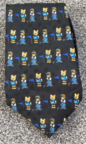 Mens Black Teddy Bear Playing Golf Sport Novelty Fun Tie Polyester 3.5" Wide - Picture 1 of 5