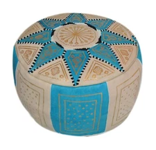 Pouf Moroccan Hassock Pooff Leather Ottoman Footstool Medium Beige Turquoise