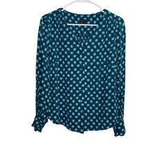 Talbots Blouse Women's Small Blue V-Neck Long Sleeve Button Up Career Shirt Top