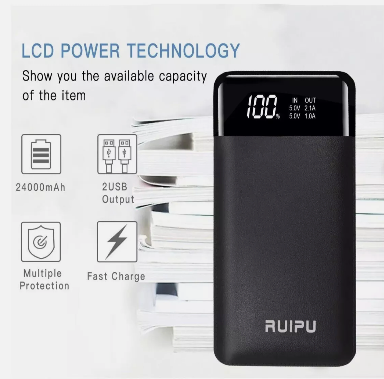 Ruipu 24000mAh Power Bank Portable Charger Dual Output USB Pre-Owned Reliable High Capacity