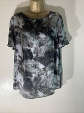 Womens Next Uk 14 Grey/green Satin Floral Short Sleeve Round Neck Casual Blouse