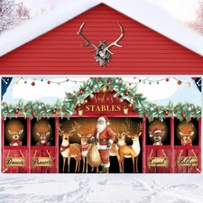 7x16 FT Christmas Garage Door Banner Decorations Santa Claus Reindeer Stables...