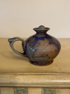 Alewine Pottery Oil Lamp 2 Leaf Drip Glaze Design With Handle Gatlinburg TN 2007
