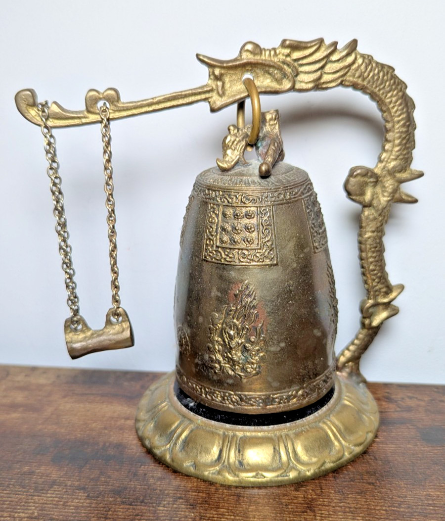 Asian Vintage Brass Temple Bell Dragon Gong Patina April 1993 Osan AB, Korea