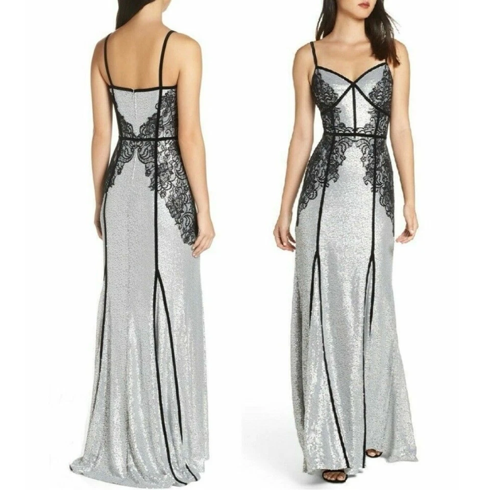 全新带标签 $639 Tadashi Shoji 女式 Janus 蕾丝亮片金属长裙,尺寸 8 — 第 4/4 张图片