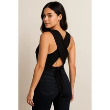 Lush Tank Top Womens Size M Black Ribbed Crisscross Back With Tie