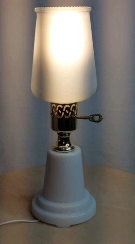 Vintage MCM White Milk Glass Boudoir Bed Lamp Greek Key Brass Minimalist Cottage