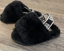 UGG Fluff Yeah toddlers Slide Sandals Sz US 6 Black fur slippers shoes 1098579T