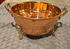 Vintage Cottage 6in COPPER AND BRASS CLAW FOOTED COLANDER STRAINER with handles