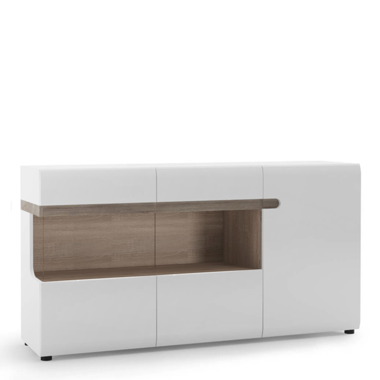 White Gloss Glazed Sideboard - 164cm 3 Door Oak Trim Display Cabinet