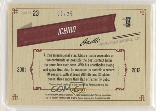 Playoff Prime Cuts 2012 línea de tiempo materiales cuádruples/25 Ichiro Suzuki Ichiro #23 patio - Imagen 2 de 3
