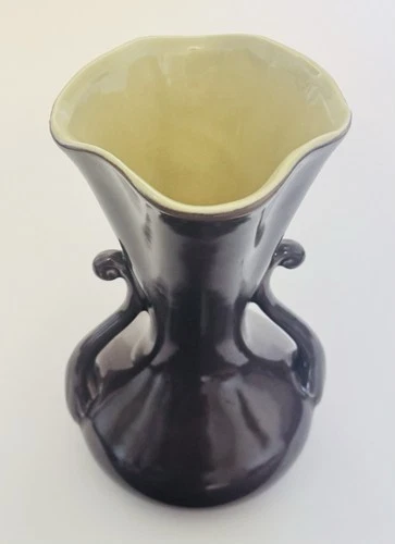 Red Wing Pottery USA Double Scroll Handle Vase #505 Brown with Yellow Interior