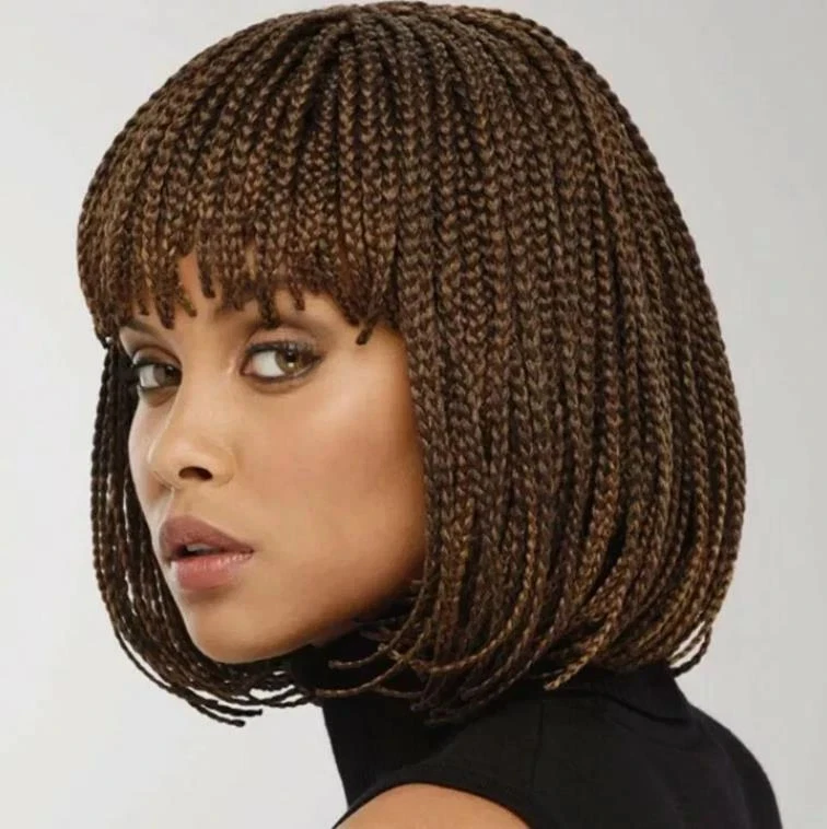 Модный короткий Боб коричневый коробка заплетенный парик с челкой синтетические волосы вечеринки - Изображение 2 из 3