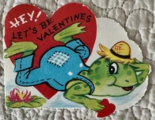 Unused Valentine Frog Leap Overalls Straw Hat Vintage Greeting Card 1950s 1960s