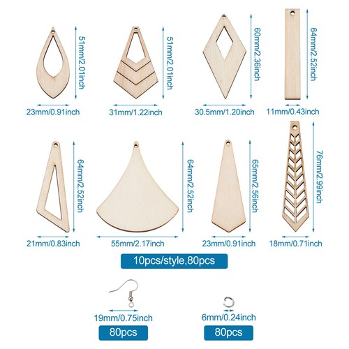 Pendientes en blanco de madera sin terminar forma mixta con anillos de salto - Imagen 16 de 44