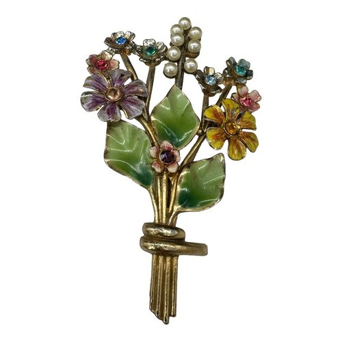 Large Coro Enamel Flower Brooch with Faux Pearl Accents