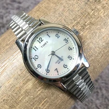 Timex Women T2M826 MOP Indiglo Silver Expansion Band Quartz 25mm Watch 6 1/2"