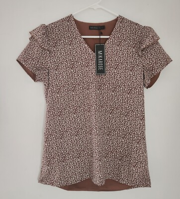 Mikarose Women's Blouse Brown Ditzy Floral Flutter Sleeve Sz Small