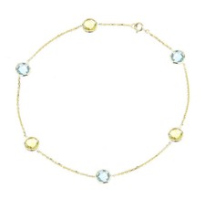 14K Yellow Gold Anklet Bracelet With Blue And Lemon Quartz Gemstones 9 Inches
