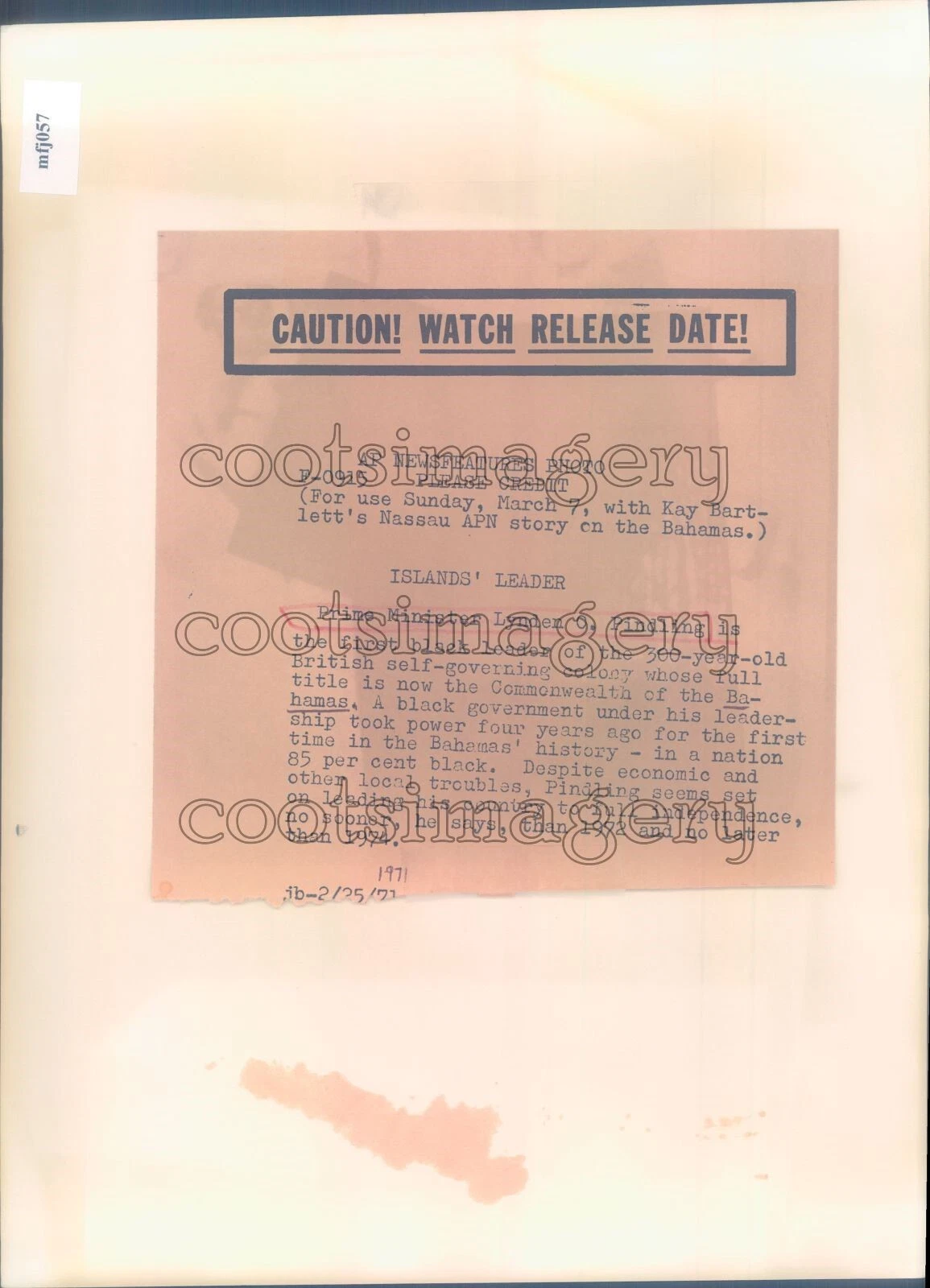 1971 Press Photo Prime Minister Lynden Pindling of Bahamas Head Shot - 画像2/2