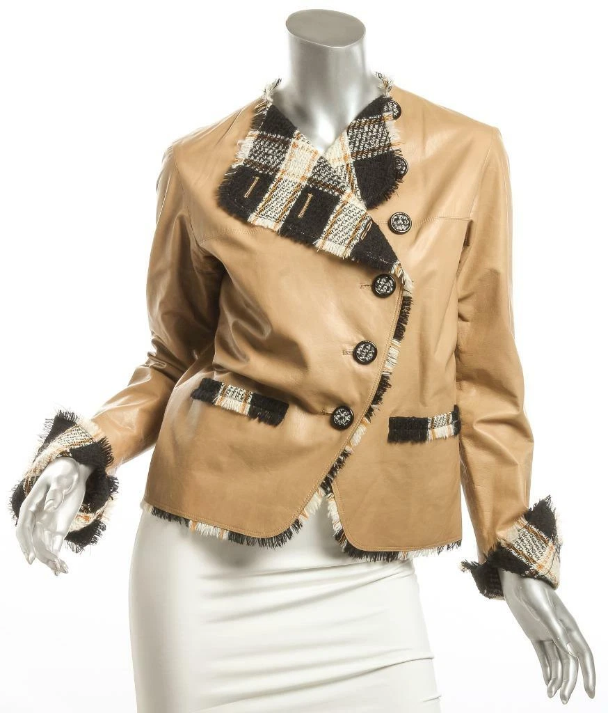 CHANEL Womens Lightweight Tan Leather Plaid Tweed Trim Fitted Jacket US6  FR38