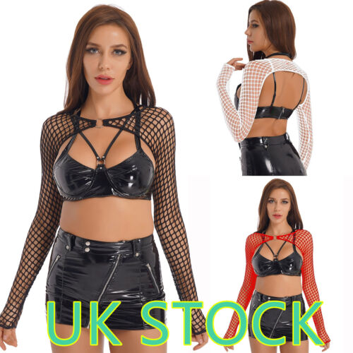 Women Fishnet Long Sleeve Crop Top Shrugs Hollow Out Cover Up Shirts Tank Top - Picture 4 of 25