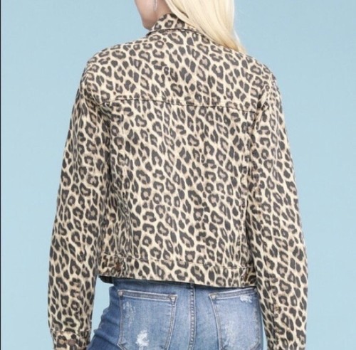 Judy Blue Leopard Animal Print Button Down Denim Jean Jacket Tan Black Sz L - Picture 4 of 9