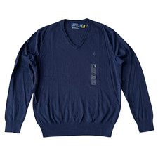NWT Polo Ralph Lauren Men's Solid 100 Merino Wool V Neck Sweater Navy Size M