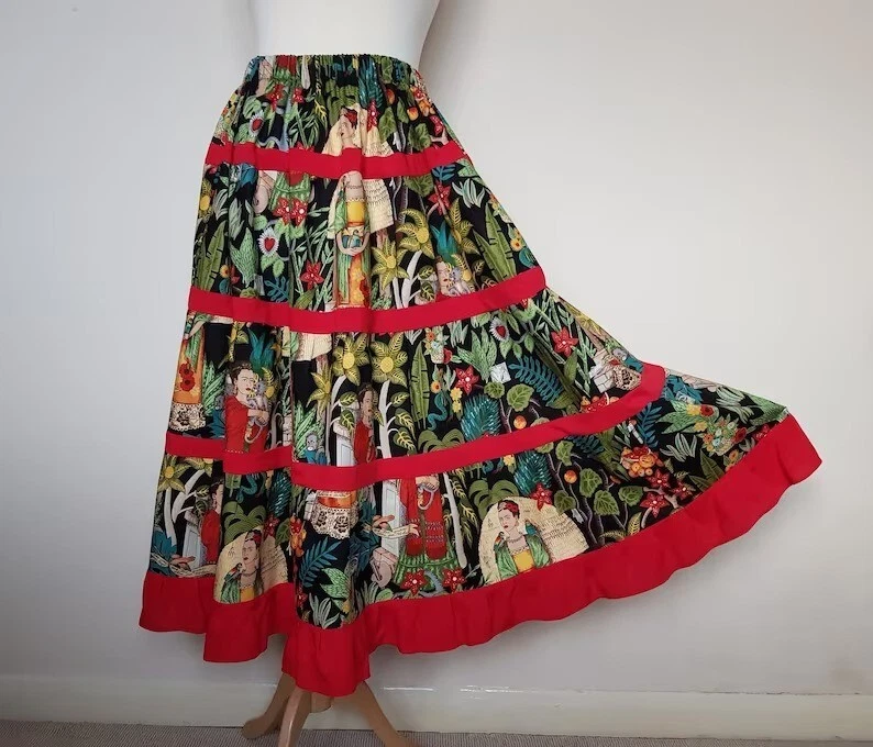 Red Striped Black Frida Skirt Indian Cotton Long Skirt Free Size Beach Wear AU