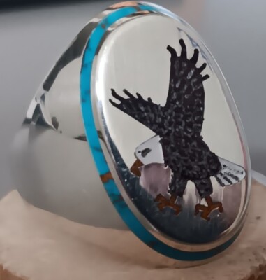Turquoise Inlay Eagle NEW BENJAMIN BECENTI NAVAJO INLAID EAGLE TURQUOISE & SHELL RING SZ. 12. ...
